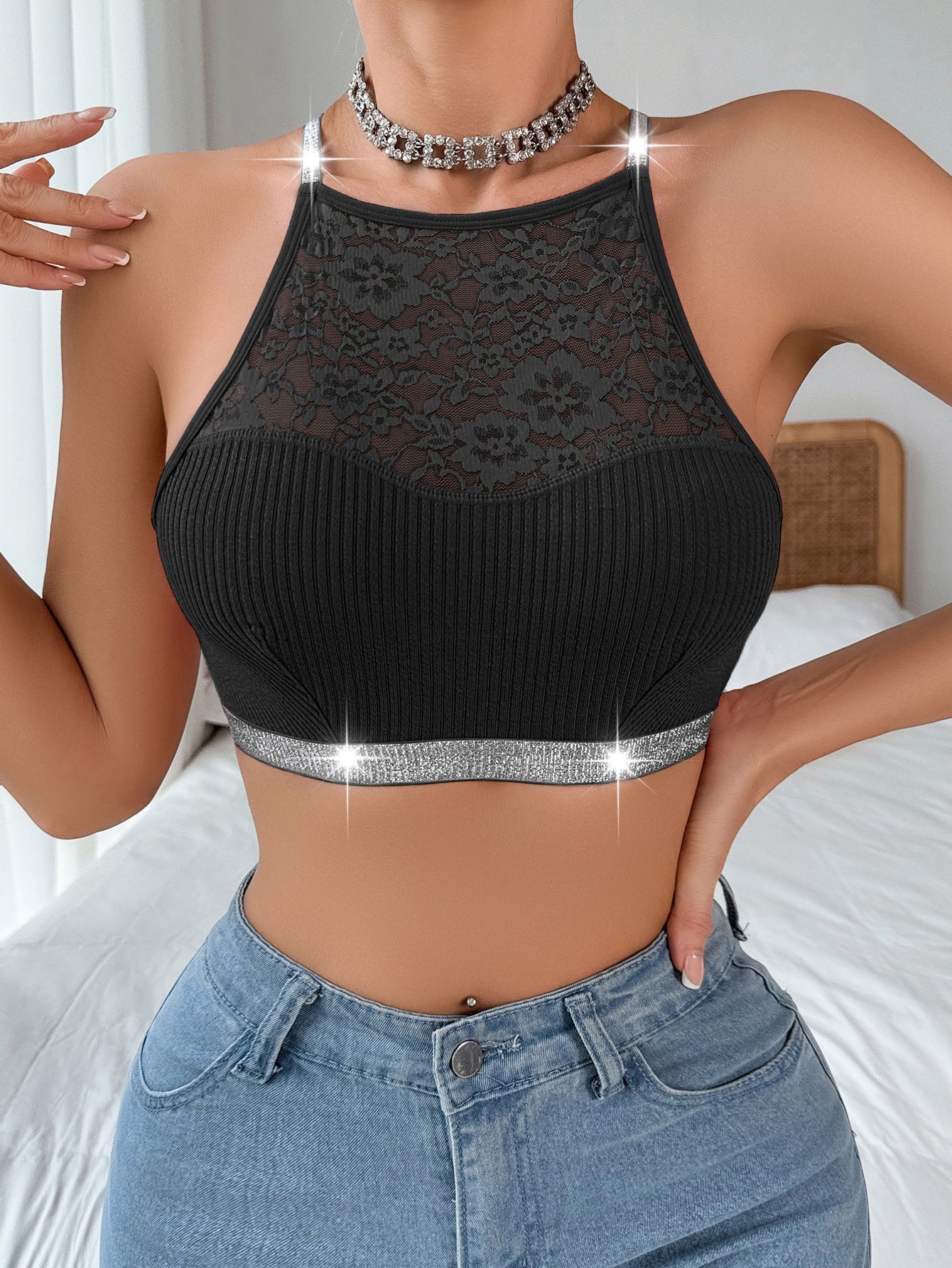 Silver Ribbon | Lace Splicing Halter Backless Cami Bra - Image 7
