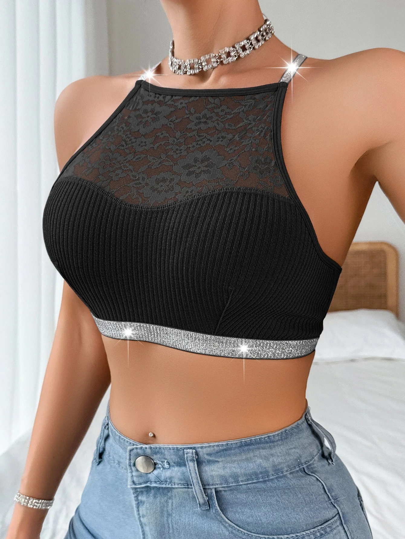 Silver Ribbon | Lace Splicing Halter Backless Cami Bra - Image 8