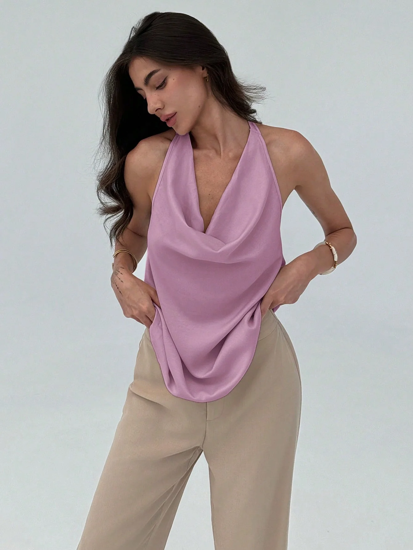 Simple & Chic Draped Neck Sleeveless Jumpsuit For Women, Commuting Neck-Hanging Design - Image 2