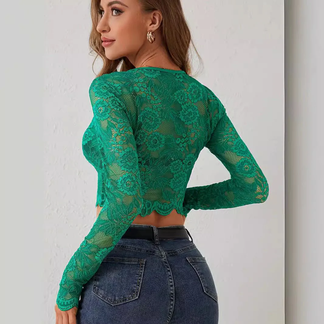 Single-layer lace long-sleeved short pullover slim and thin T-shirt top - Image 2