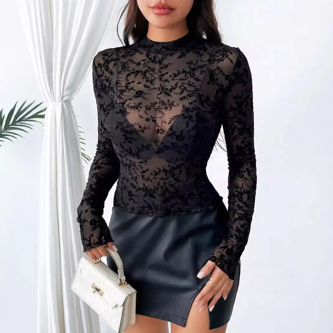 Single-layer mesh small stand-up collar flocking printing long-sleeved bottoming top women's T-shirt - Image 4