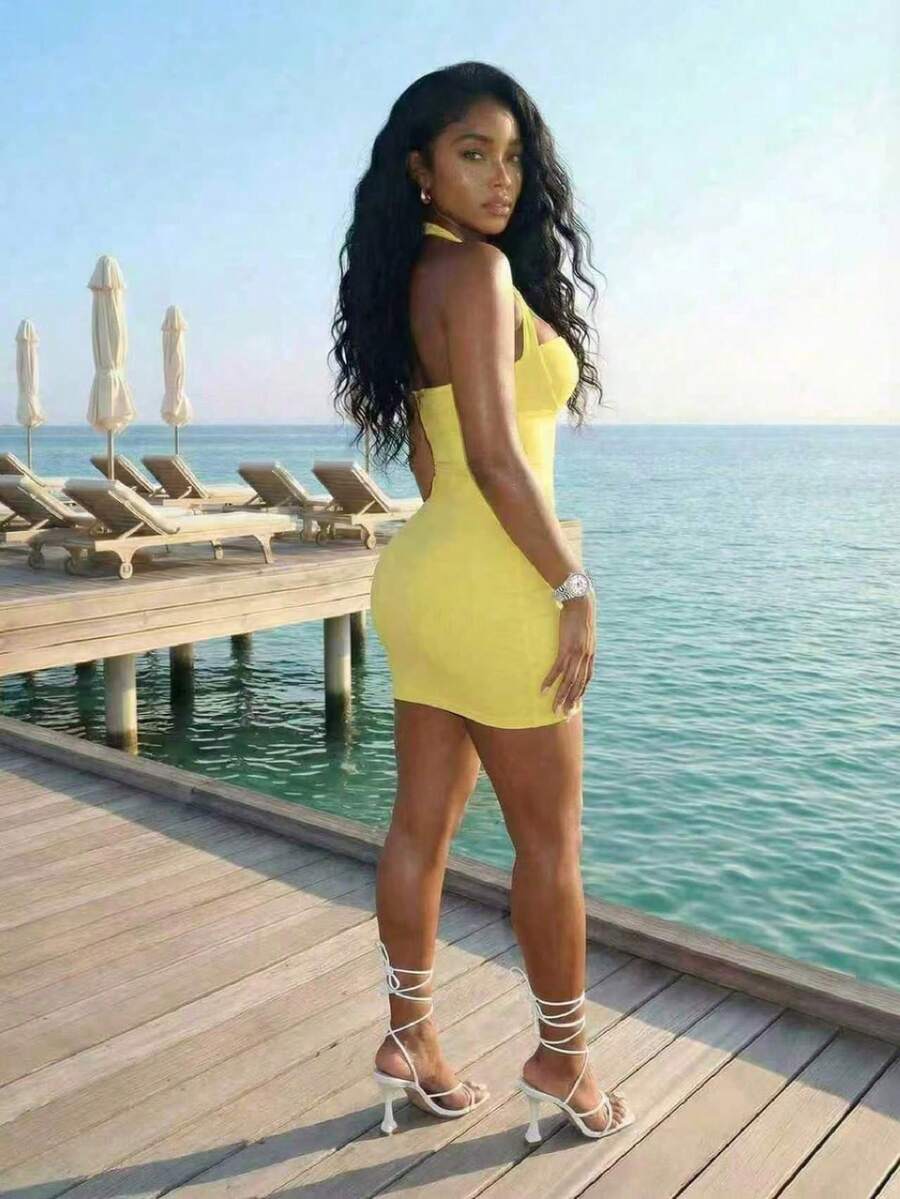 Slaydiva Yellow Summmer Women Elegant Halter Neck Tie Mini Dress - Image 2