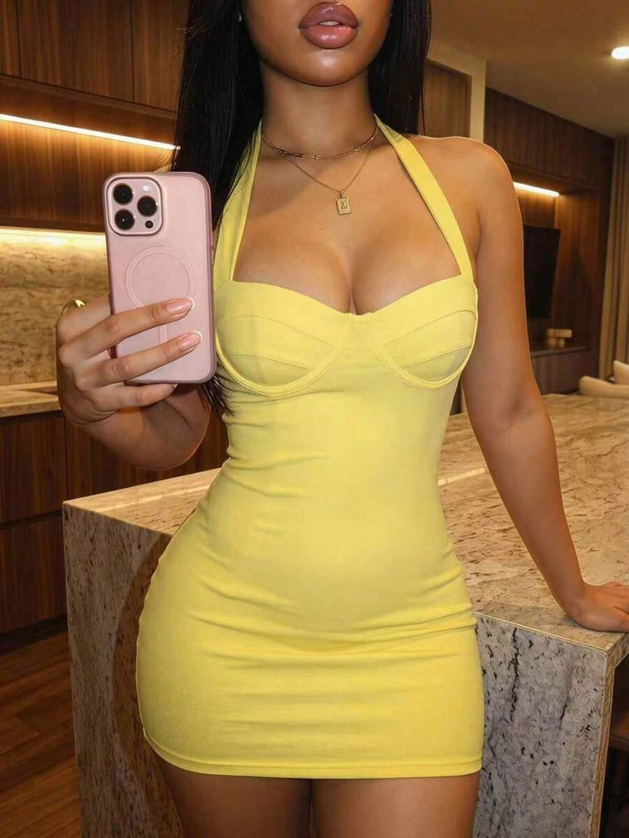 Slaydiva Yellow Summmer Women Elegant Halter Neck Tie Mini Dress - Image 3