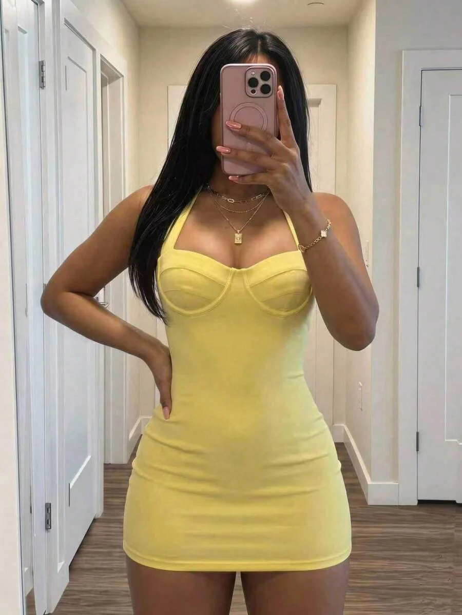 Slaydiva Yellow Summmer Women Elegant Halter Neck Tie Mini Dress - Image 4