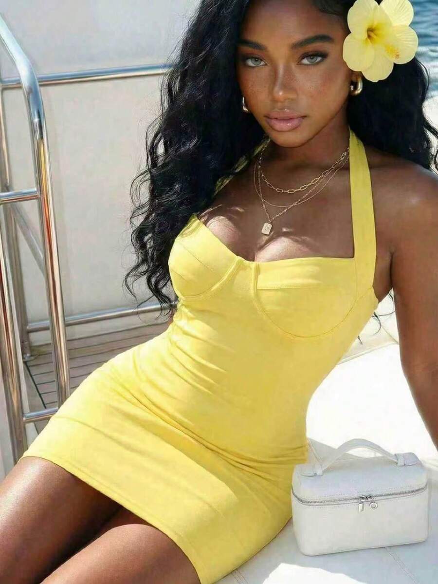 Slaydiva Yellow Summmer Women Elegant Halter Neck Tie Mini Dress - Image 5