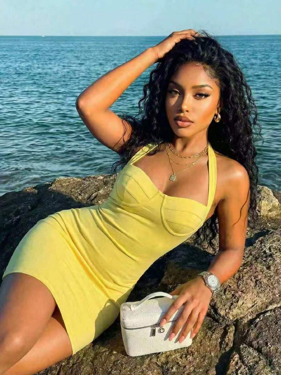 Slaydiva Yellow Summmer Women Elegant Halter Neck Tie Mini Dress - Image 6