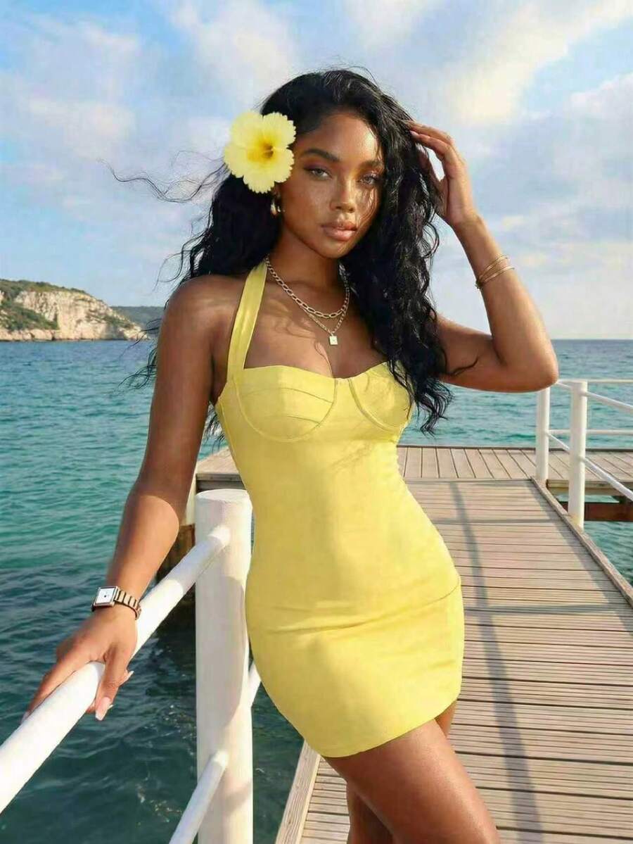 Slaydiva Yellow Summmer Women Elegant Halter Neck Tie Mini Dress - Image 7