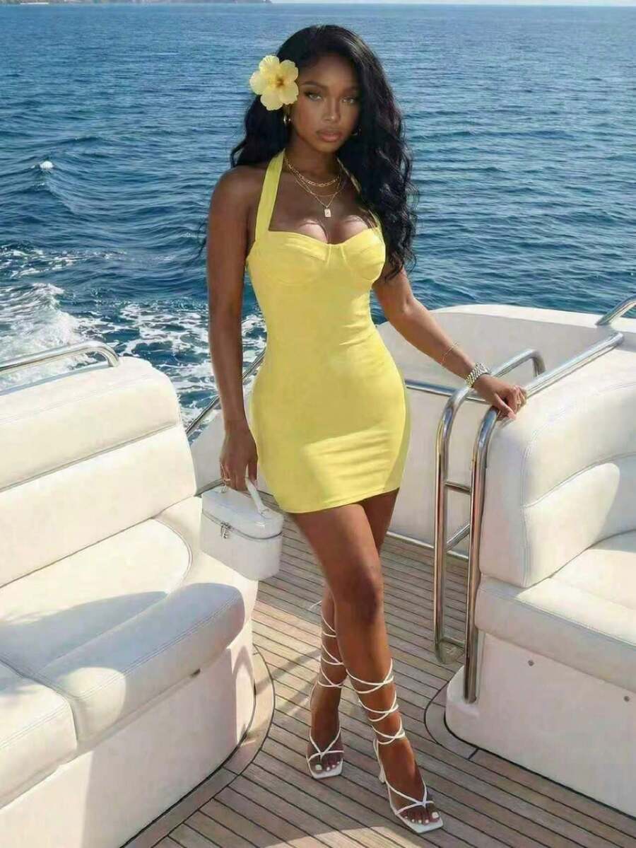 Slaydiva Yellow Summmer Women Elegant Halter Neck Tie Mini Dress - Image 8