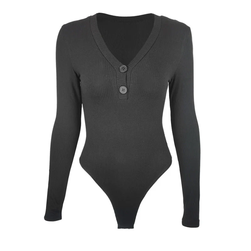 Slim deep V button cotton pit stripe one-piece long-sleeved top - Image 10
