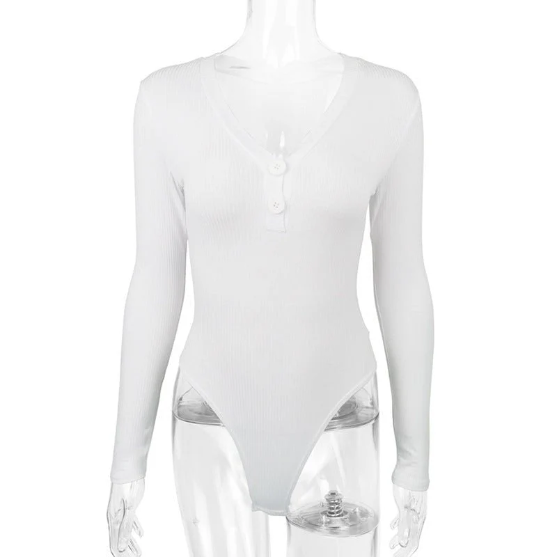 Slim deep V button cotton pit stripe one-piece long-sleeved top - Image 11