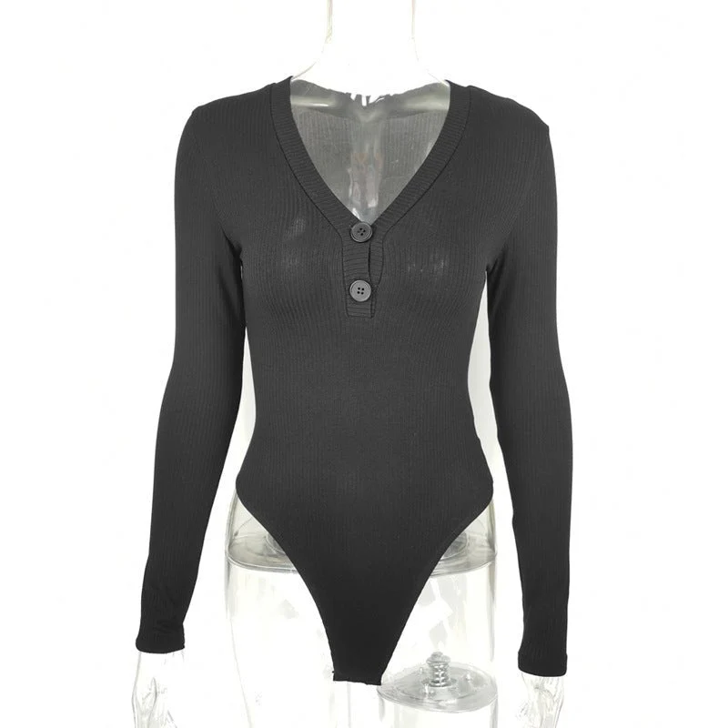 Slim deep V button cotton pit stripe one-piece long-sleeved top - Image 12