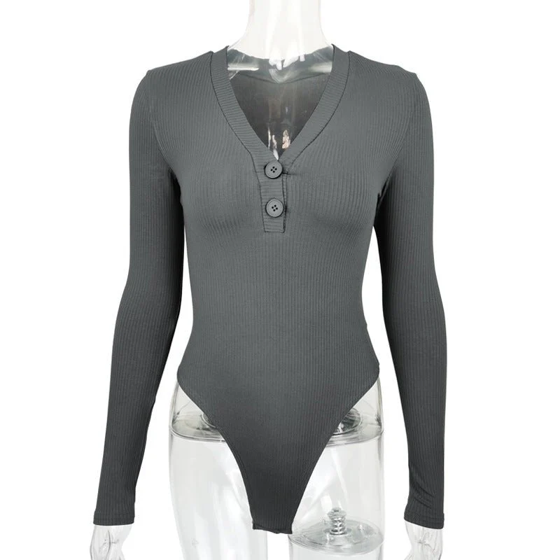 Slim deep V button cotton pit stripe one-piece long-sleeved top - Image 13