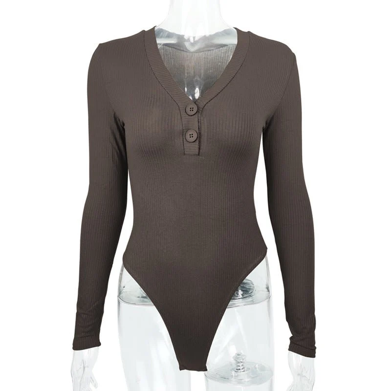 Slim deep V button cotton pit stripe one-piece long-sleeved top - Image 14