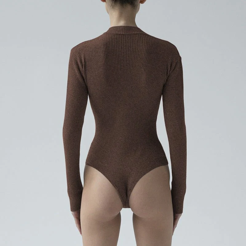 Slim deep V button cotton pit stripe one-piece long-sleeved top - Image 15