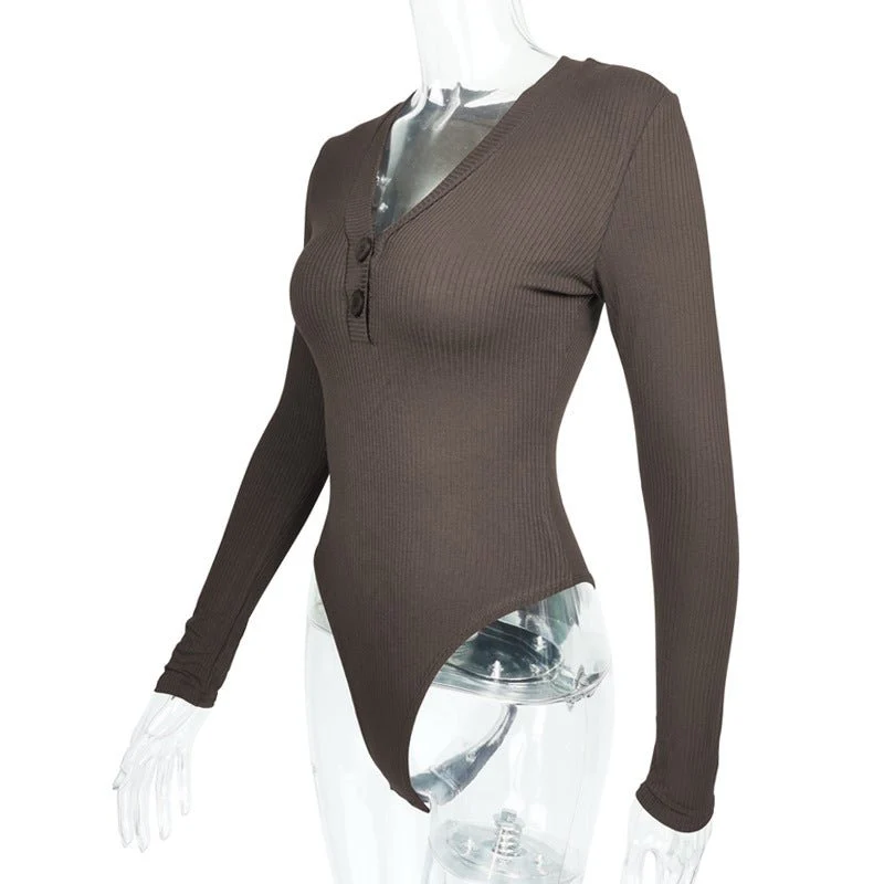 Slim deep V button cotton pit stripe one-piece long-sleeved top - Image 16