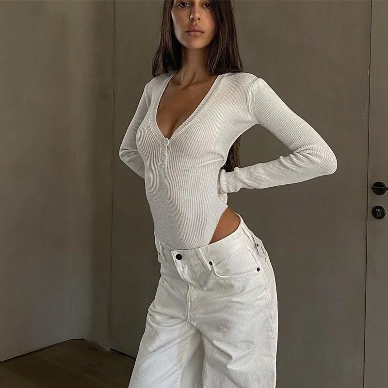 Slim deep V button cotton pit stripe one-piece long-sleeved top - Image 2
