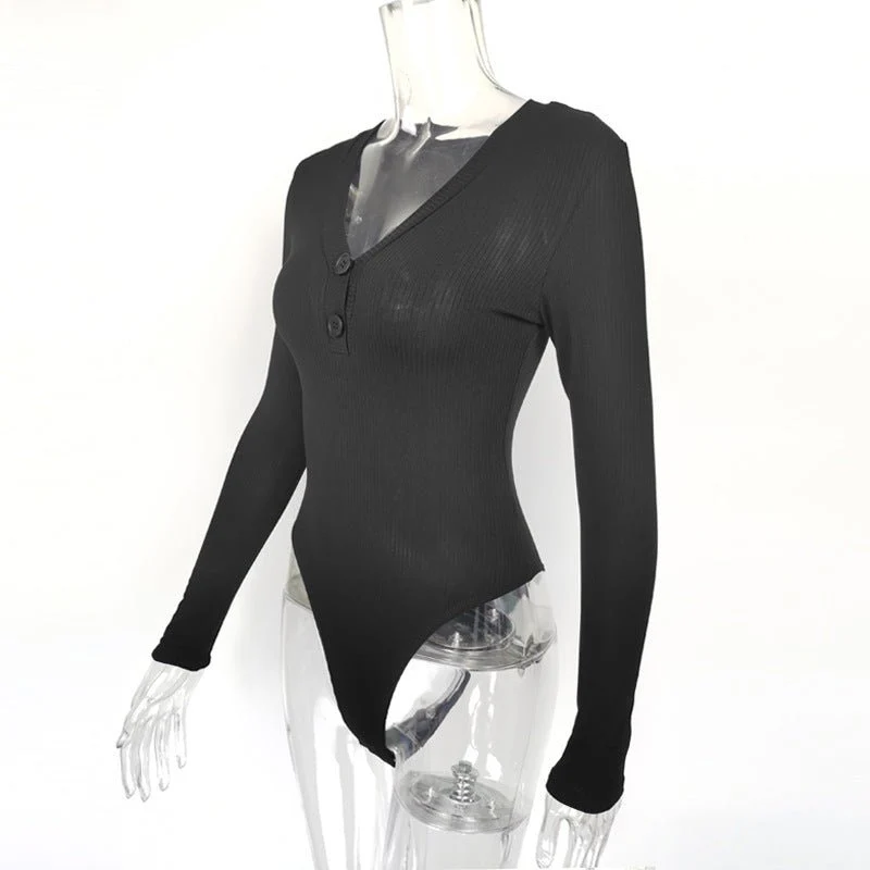 Slim deep V button cotton pit stripe one-piece long-sleeved top - Image 9