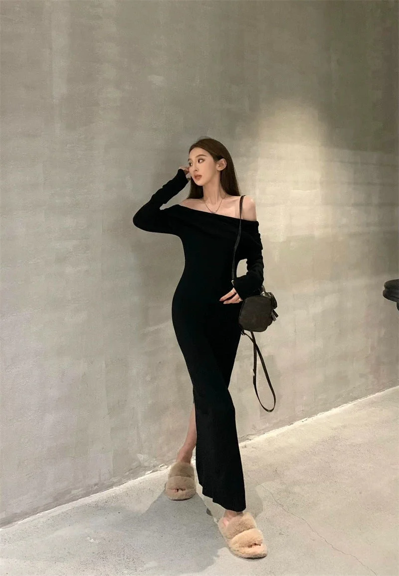 Slim-Fit One-Shoulder Collar Pullover Sweater Dress – Extended Length FD - Image 6