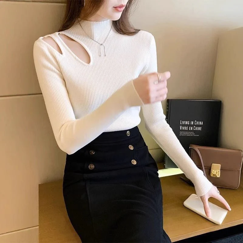 Slim-Fit Semi-Turtleneck Pullover Sweater for Women – Core-Spun Yarn MY3335 – Elegant Temperament Commuter Top - Image 3