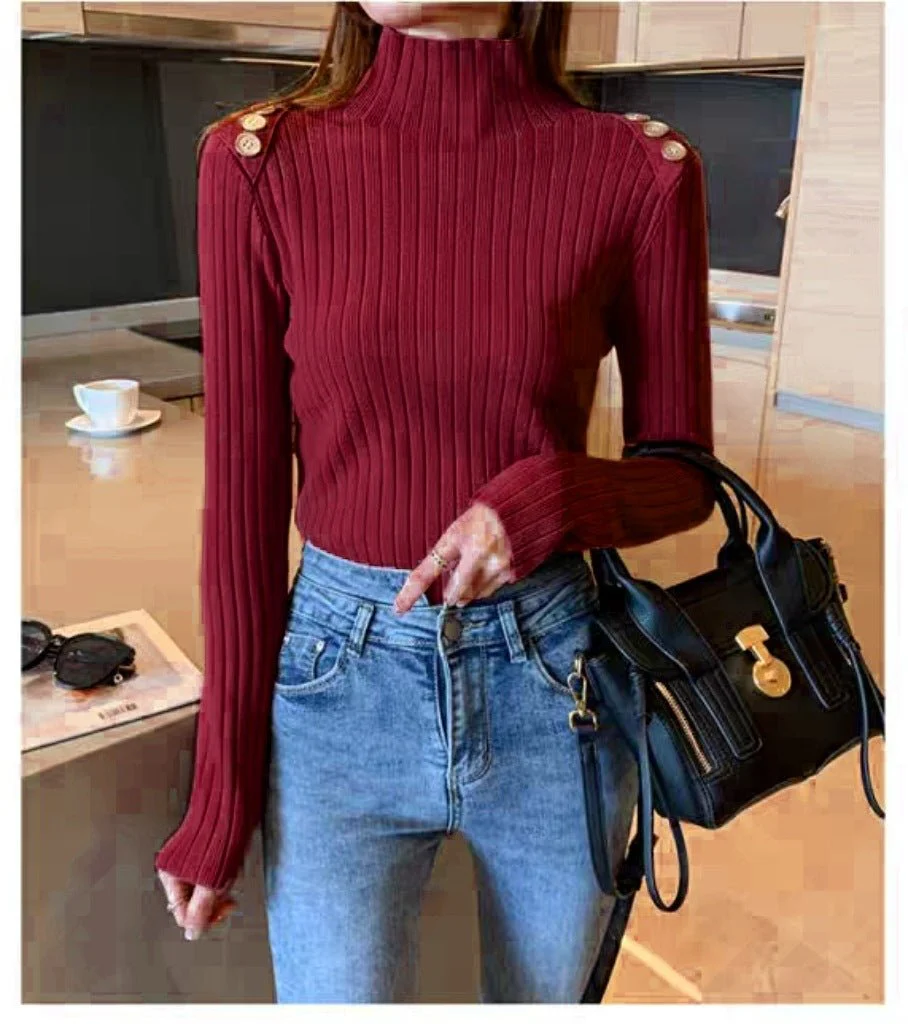 Slim Fit Semi-Turtleneck Sweater for Women – Elegant Commuter Pullover FD - Image 10