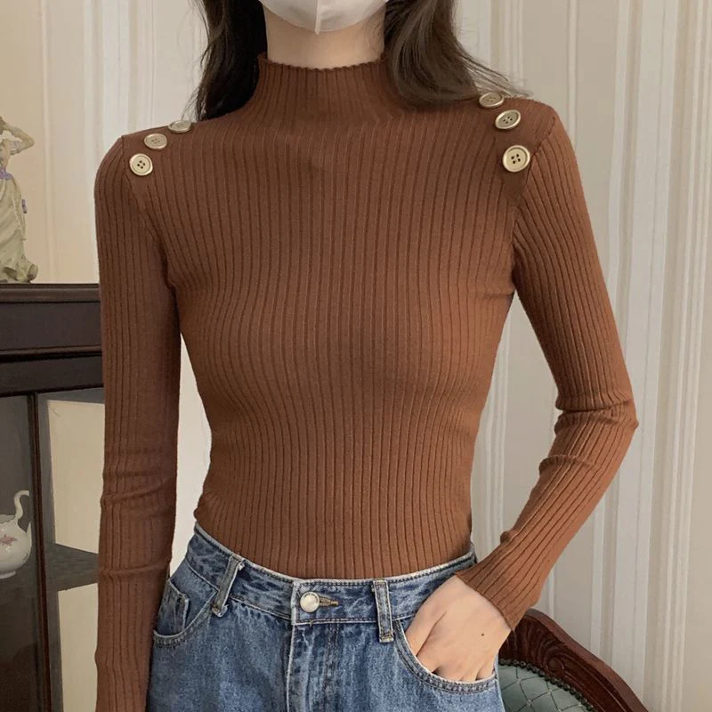 Slim Fit Semi-Turtleneck Sweater for Women – Elegant Commuter Pullover FD - Image 5