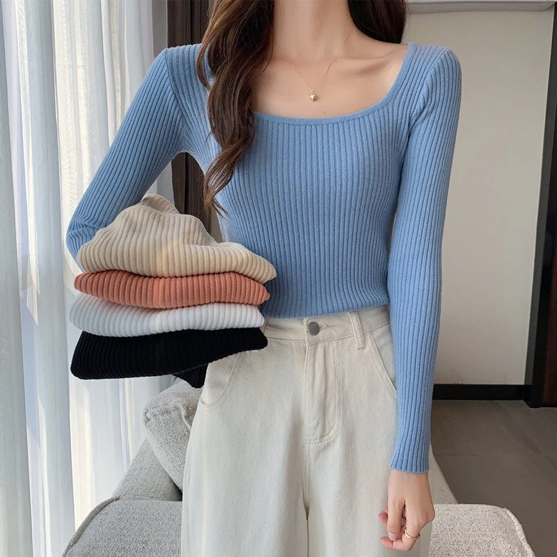 Slim Fit Square Collar Pullover Sweater for Women – Elegant Temperament Commuter Style