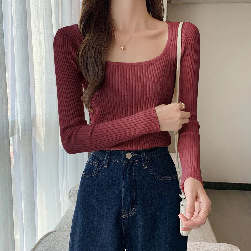 Slim Fit Square Collar Pullover Sweater for Women – Elegant Temperament Commuter Style FD - Image 13