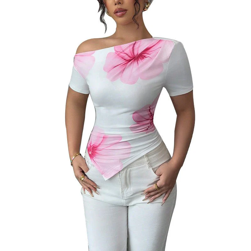 Slim-fit T-shirt irregular slanted shoulder short-sleeved top - Image 5