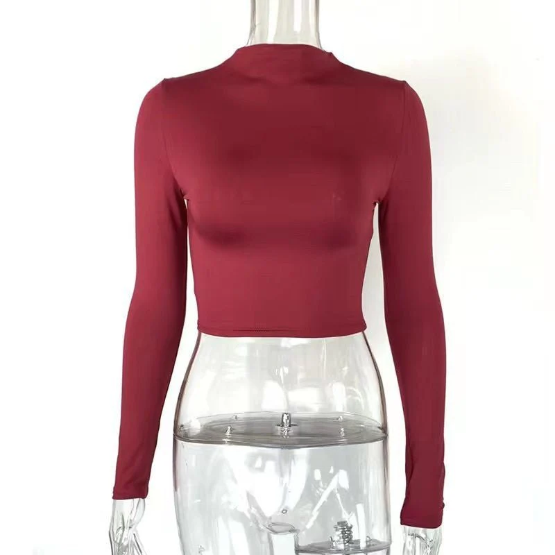 Slim navel-exposed half-high collar short long-sleeved tops - Image 2