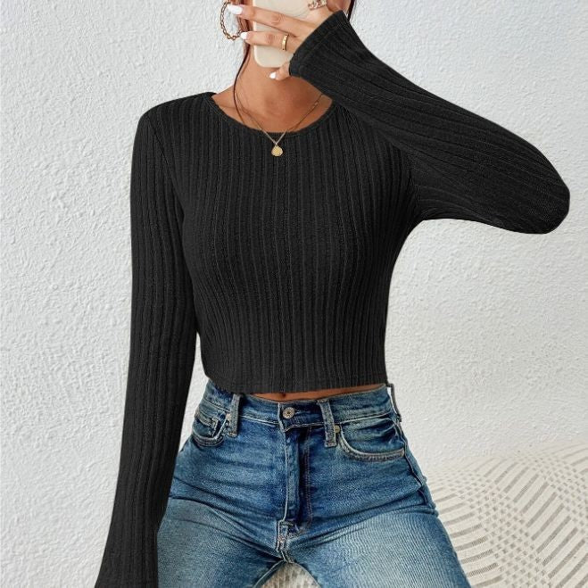 Slim round neck long-sleeved ribbed winter top - Image 2