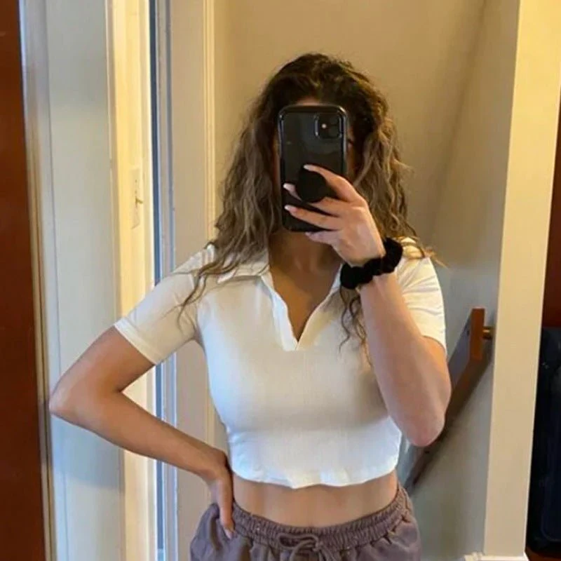 Slim thread Polo collar short-sleeved tops for women 2025 new women's slim bottoming T-shirt - Image 11