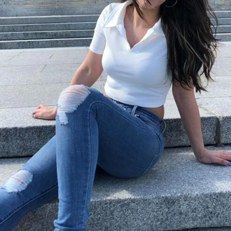 Slim thread Polo collar short-sleeved tops for women 2025 new women's slim bottoming T-shirt - Image 14
