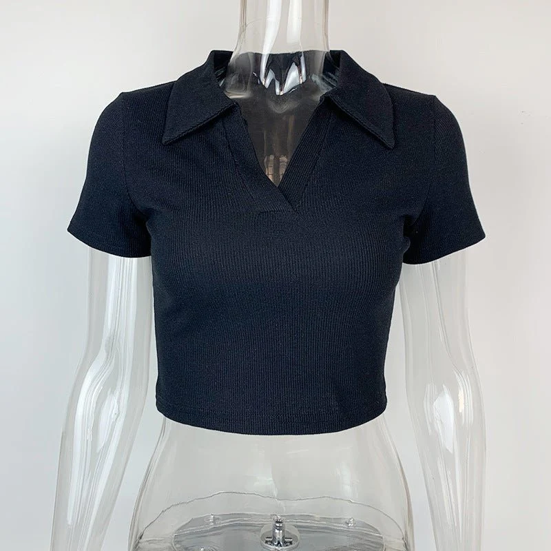 Slim thread Polo collar short-sleeved tops for women 2025 new women's slim bottoming T-shirt - Image 2