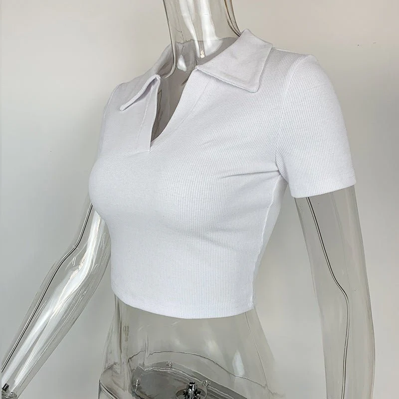 Slim thread Polo collar short-sleeved tops for women 2025 new women's slim bottoming T-shirt - Image 22