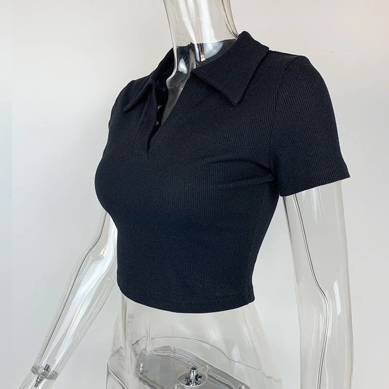 Slim thread Polo collar short-sleeved tops for women 2025 new women's slim bottoming T-shirt - Image 23
