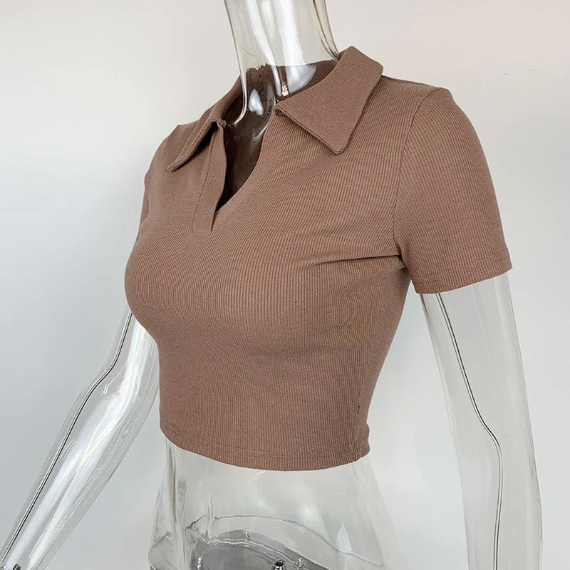 Slim thread Polo collar short-sleeved tops for women 2025 new women's slim bottoming T-shirt - Image 25