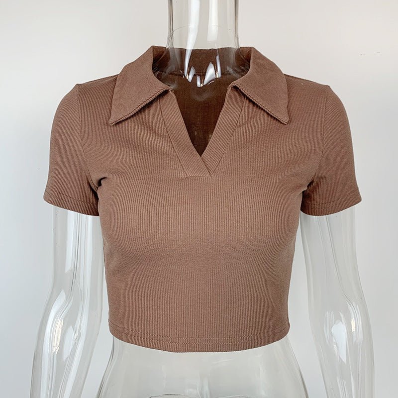 Slim thread Polo collar short-sleeved tops for women 2025 new women's slim bottoming T-shirt - Image 3