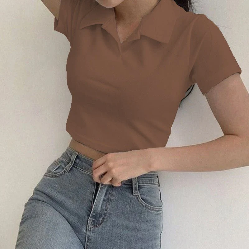 Slim thread Polo collar short-sleeved tops for women 2025 new women's slim bottoming T-shirt - Image 6