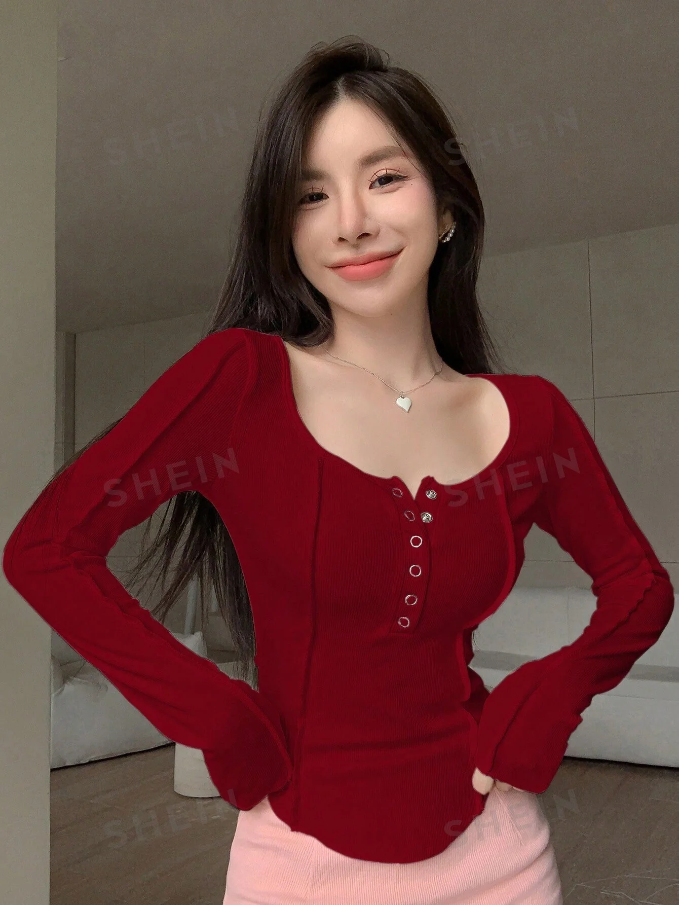 Solid Button Front Curved Hem Tee - Image 5