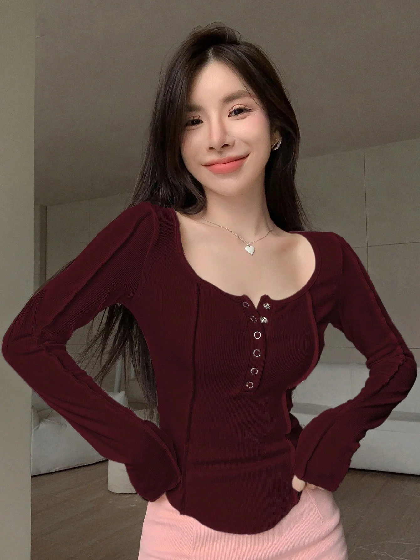 Solid Button Front Curved Hem Tee - Image 7