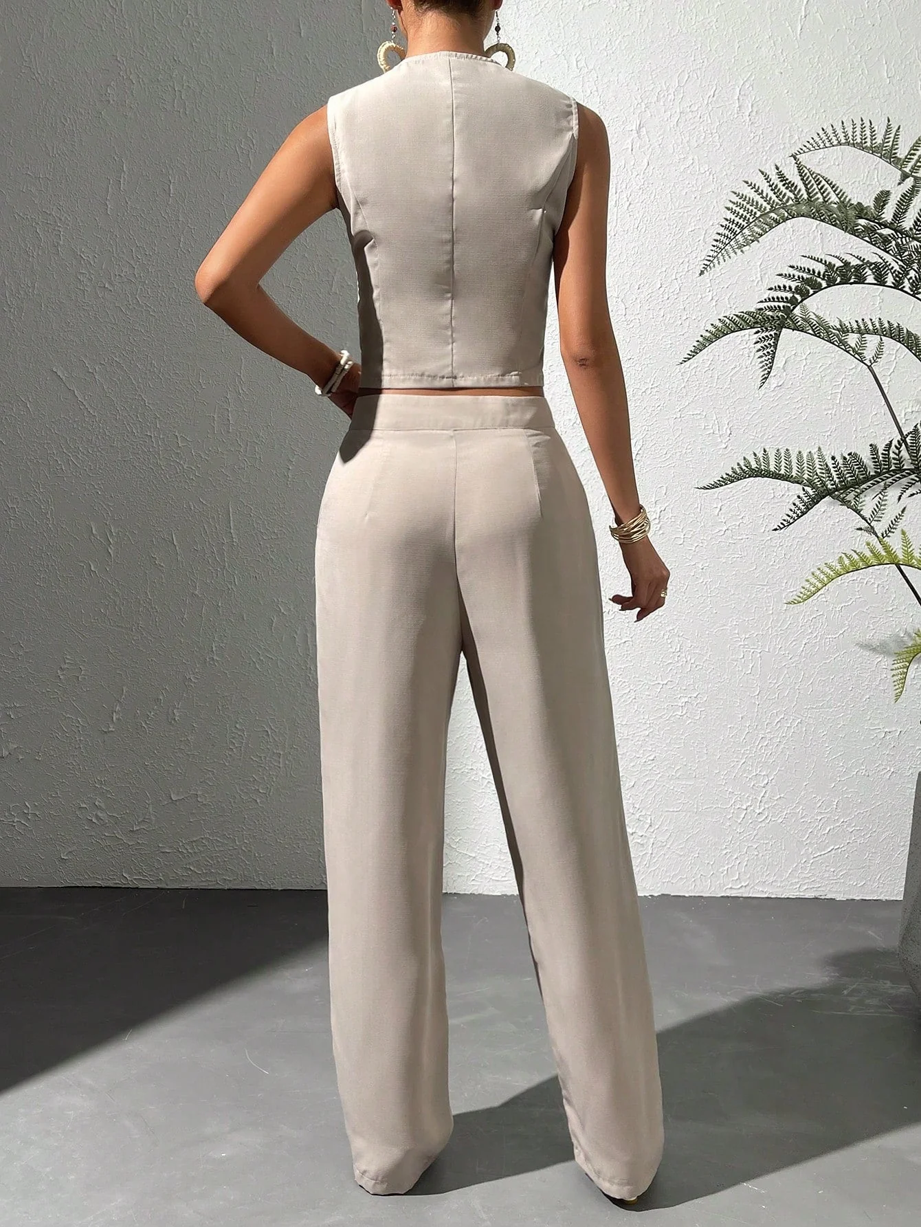 Solid Button Front Vest Blazer & Wide Leg Pants - Image 2
