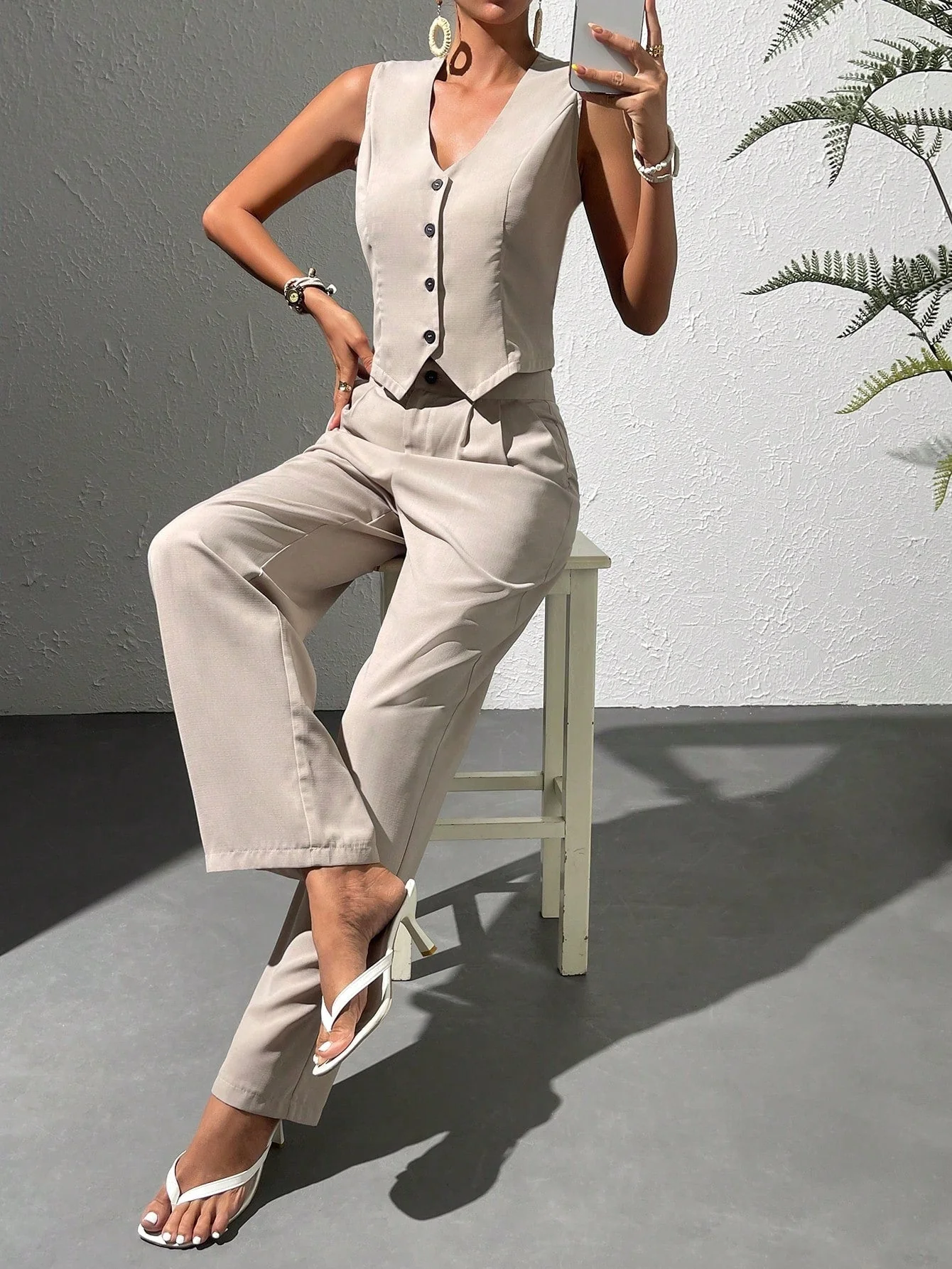 Solid Button Front Vest Blazer & Wide Leg Pants - Image 5