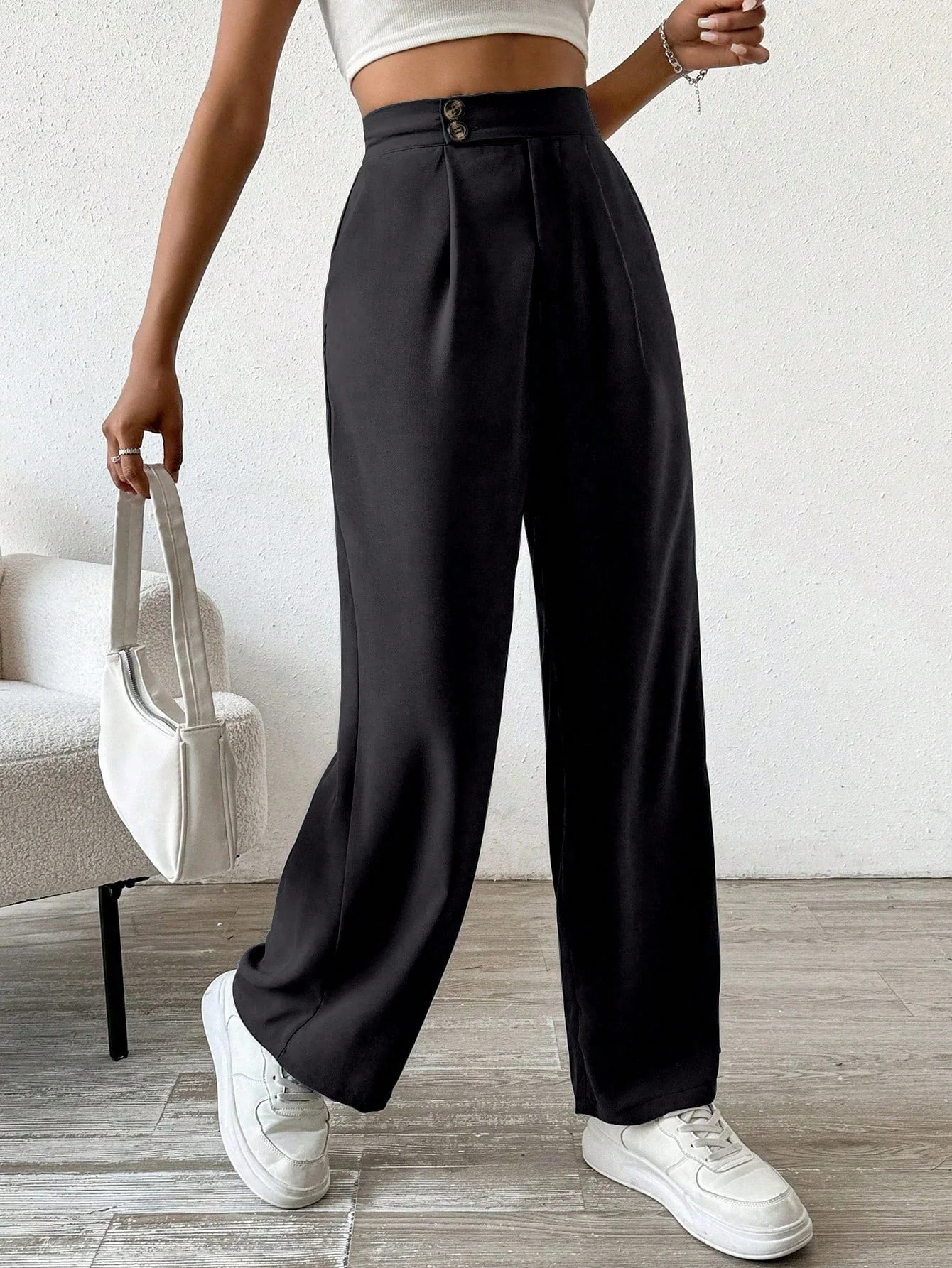 Solid Color Button & Pleated Dress Pants - Image 2