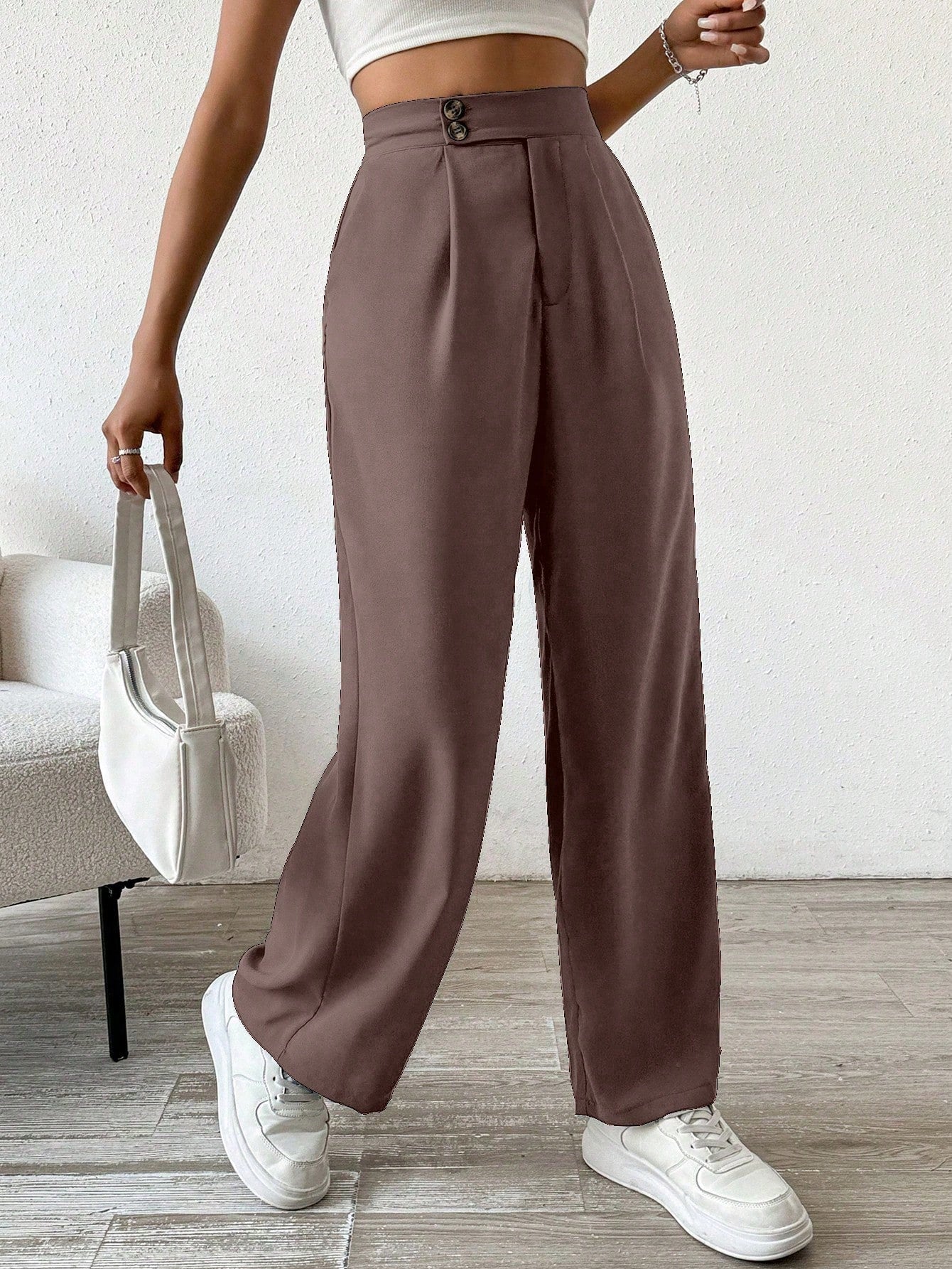 Solid Color Button & Pleated Dress Pants - Image 3