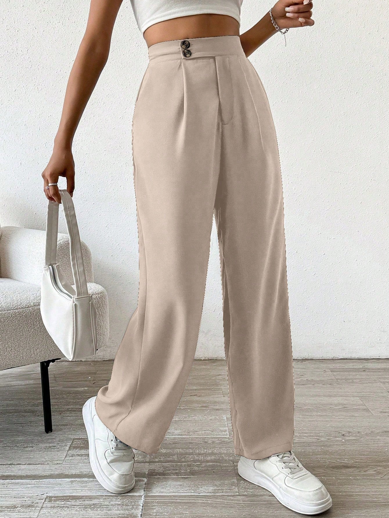 Solid Color Button & Pleated Dress Pants - Image 4