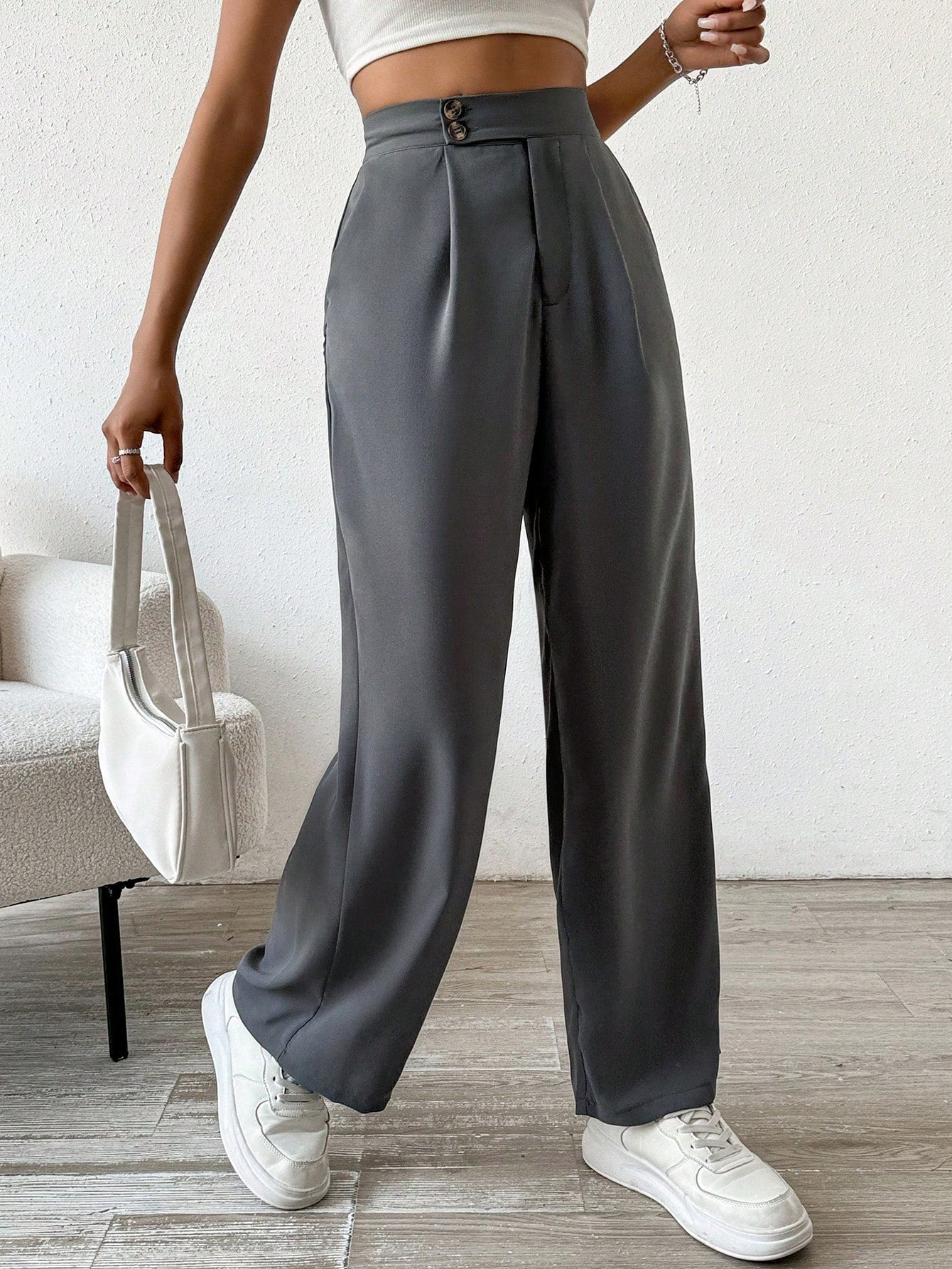 Solid Color Button & Pleated Dress Pants - Image 5