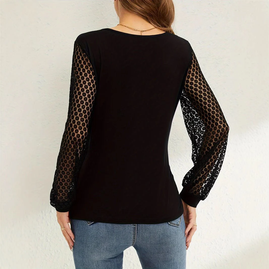 Solid color French splicing lace lantern sleeves loose cross T-shirt - Image 4