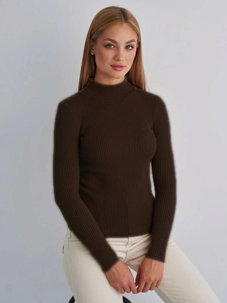 Solid color half turtleneck slim fit knitted winter top - Image 17