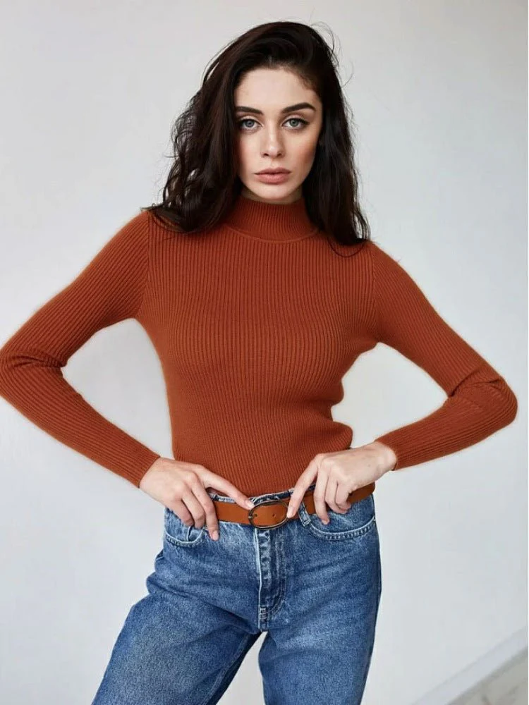 Solid color half turtleneck slim fit knitted winter top - Image 18