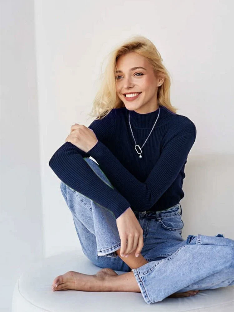 Solid color half turtleneck slim fit knitted winter top - Image 24
